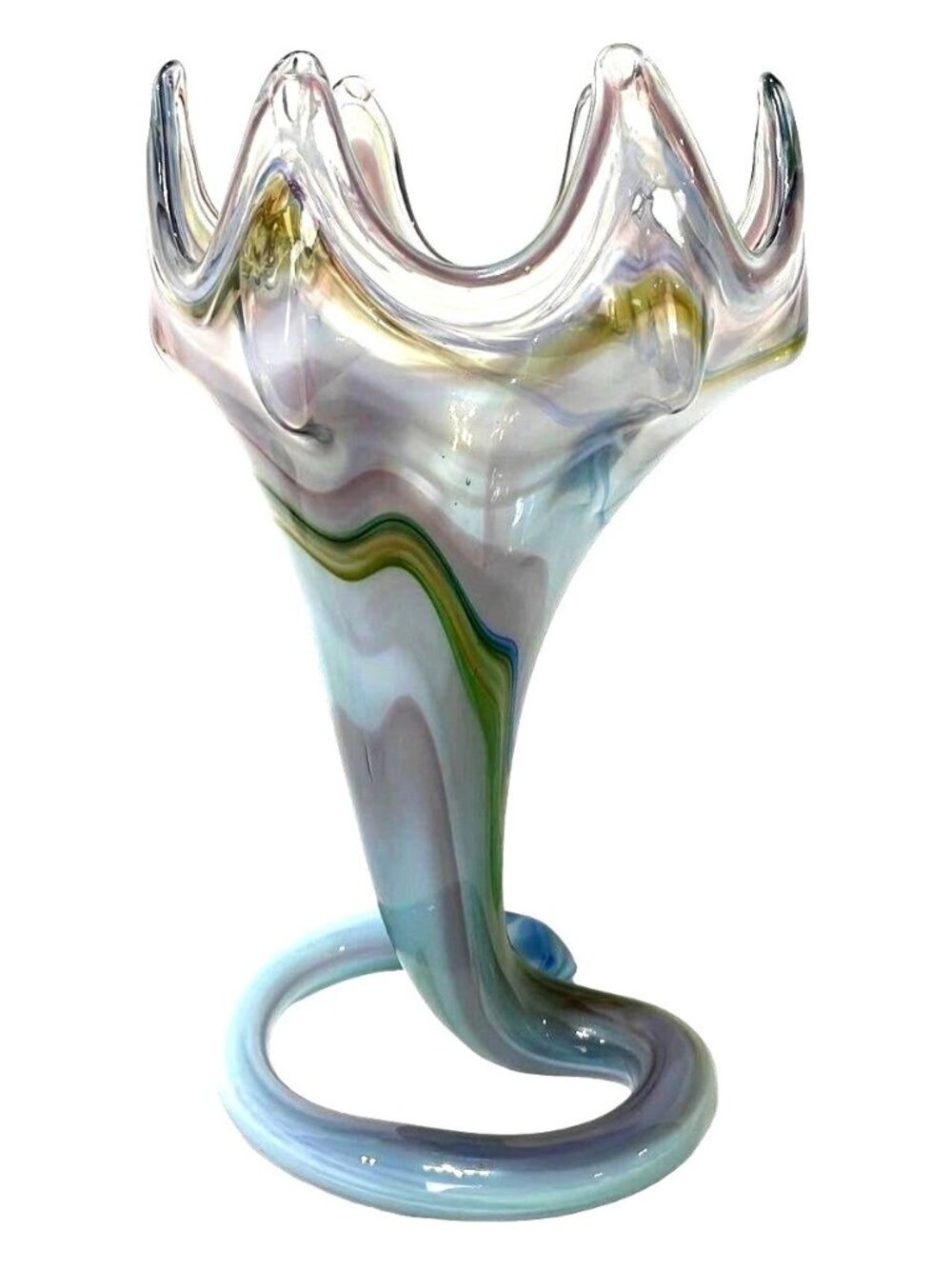 Handblown Art Glass Vase Unique Makeup Brush Pencil Holder Blue MCM Retro